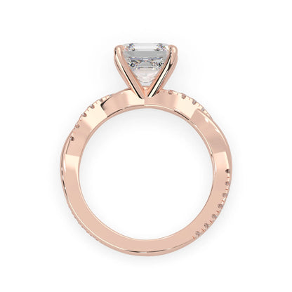 Asscher brilliant lab grown diamond engagement ring with prong setting and twisted pavé diamond band in rose gold tone