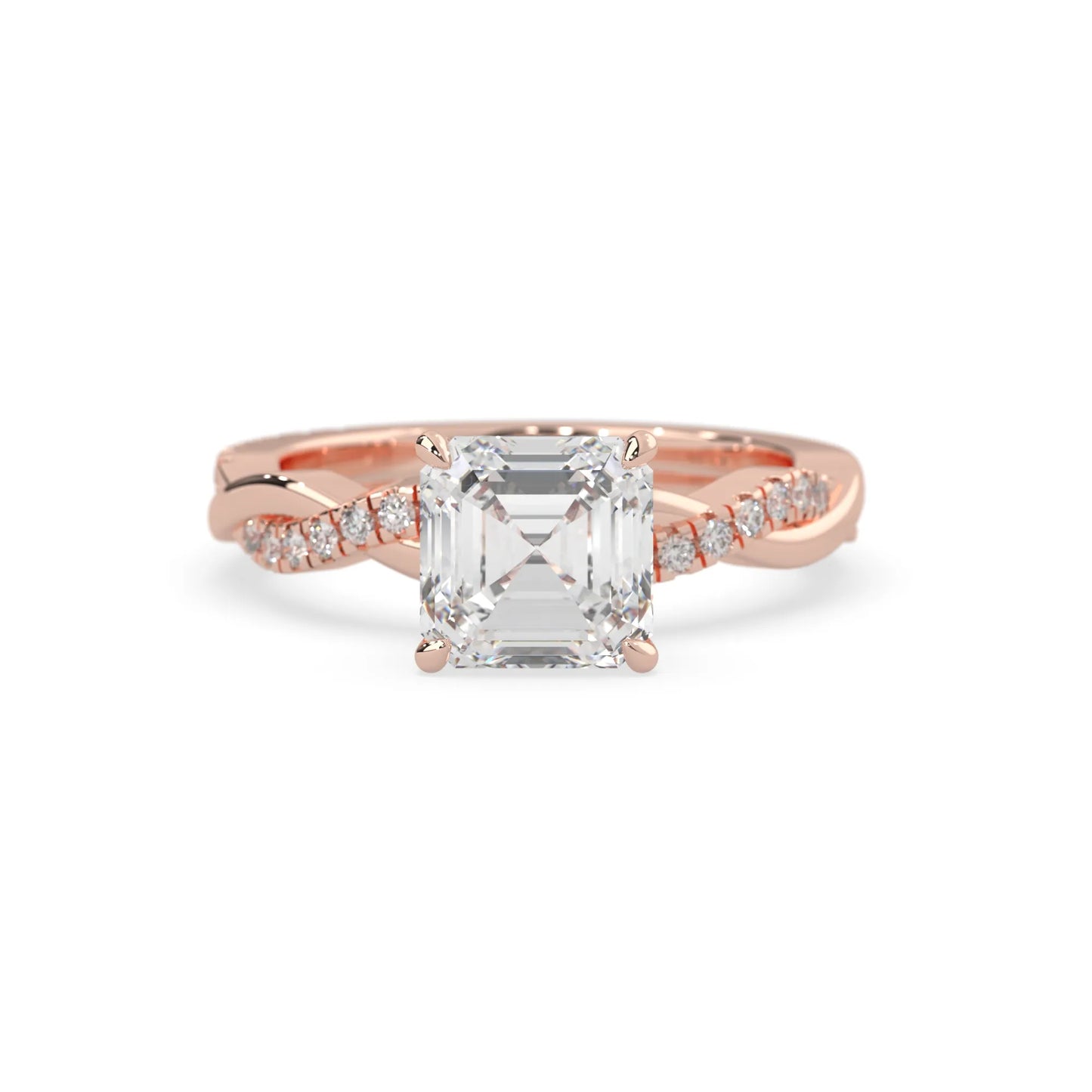 Asscher brilliant lab grown diamond engagement ring with prong setting and twisted pavé diamond band in rose gold tone