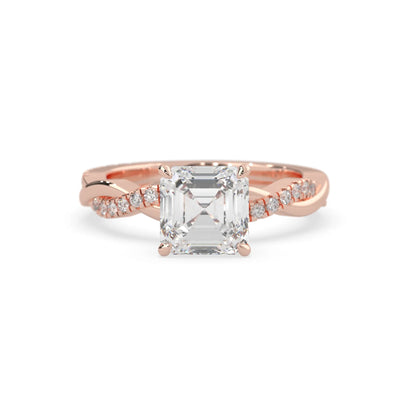 Asscher brilliant lab grown diamond engagement ring with prong setting and twisted pavé diamond band in rose gold tone