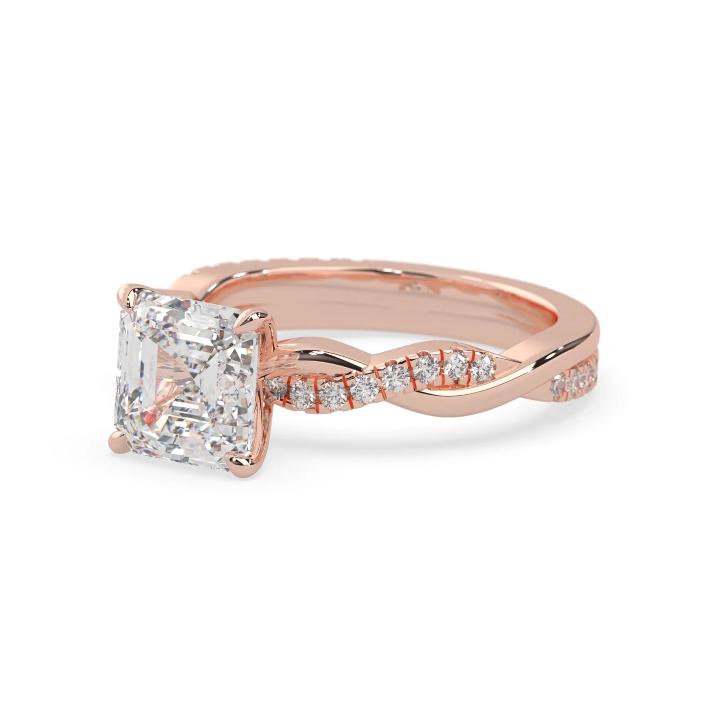 Asscher brilliant lab grown diamond engagement ring with prong setting and twisted pavé diamond band in rose gold tone