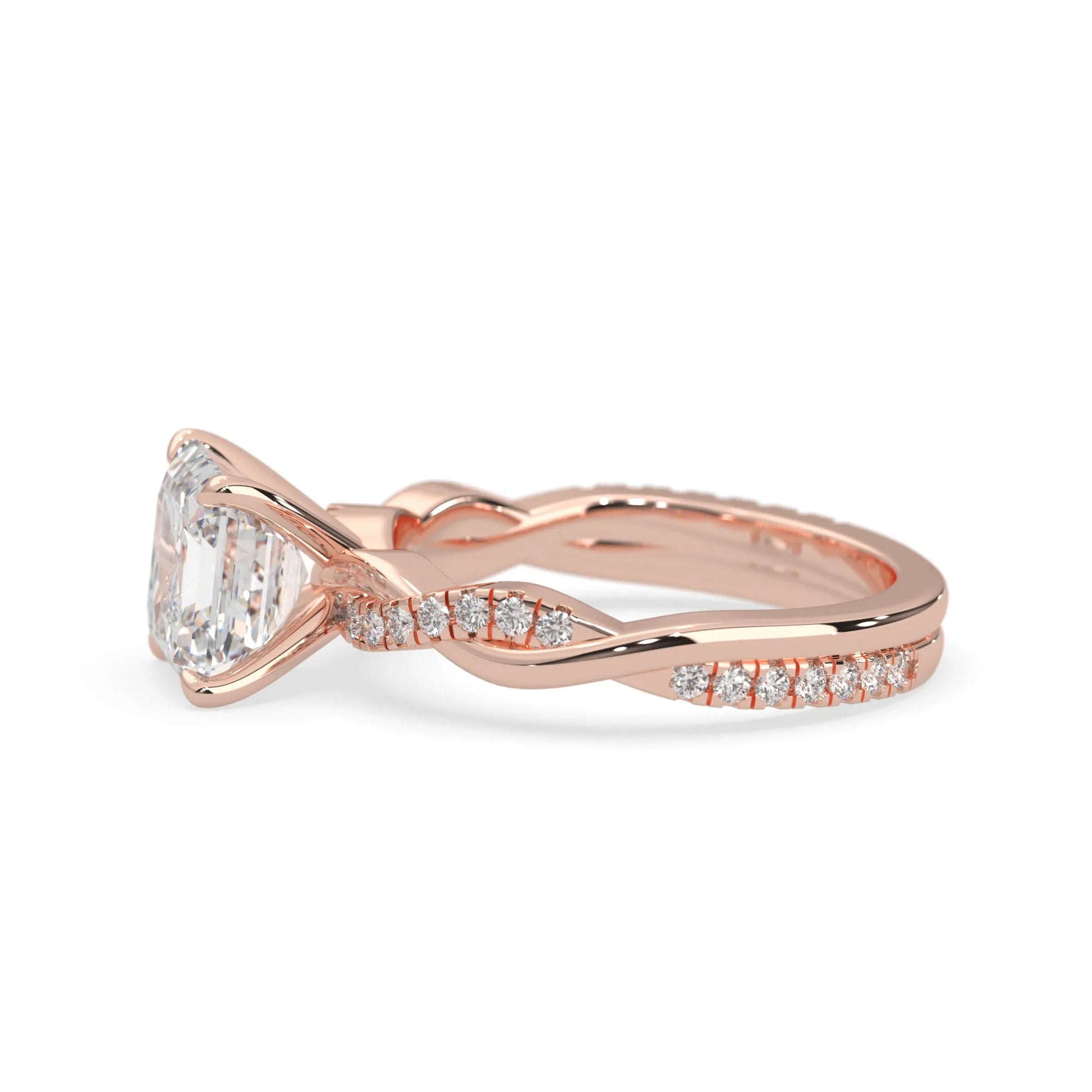 Asscher brilliant lab grown diamond engagement ring with prong setting and twisted pavé diamond band in rose gold tone