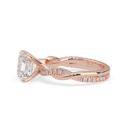 Asscher brilliant lab grown diamond engagement ring with prong setting and twisted pavé diamond band in rose gold tone