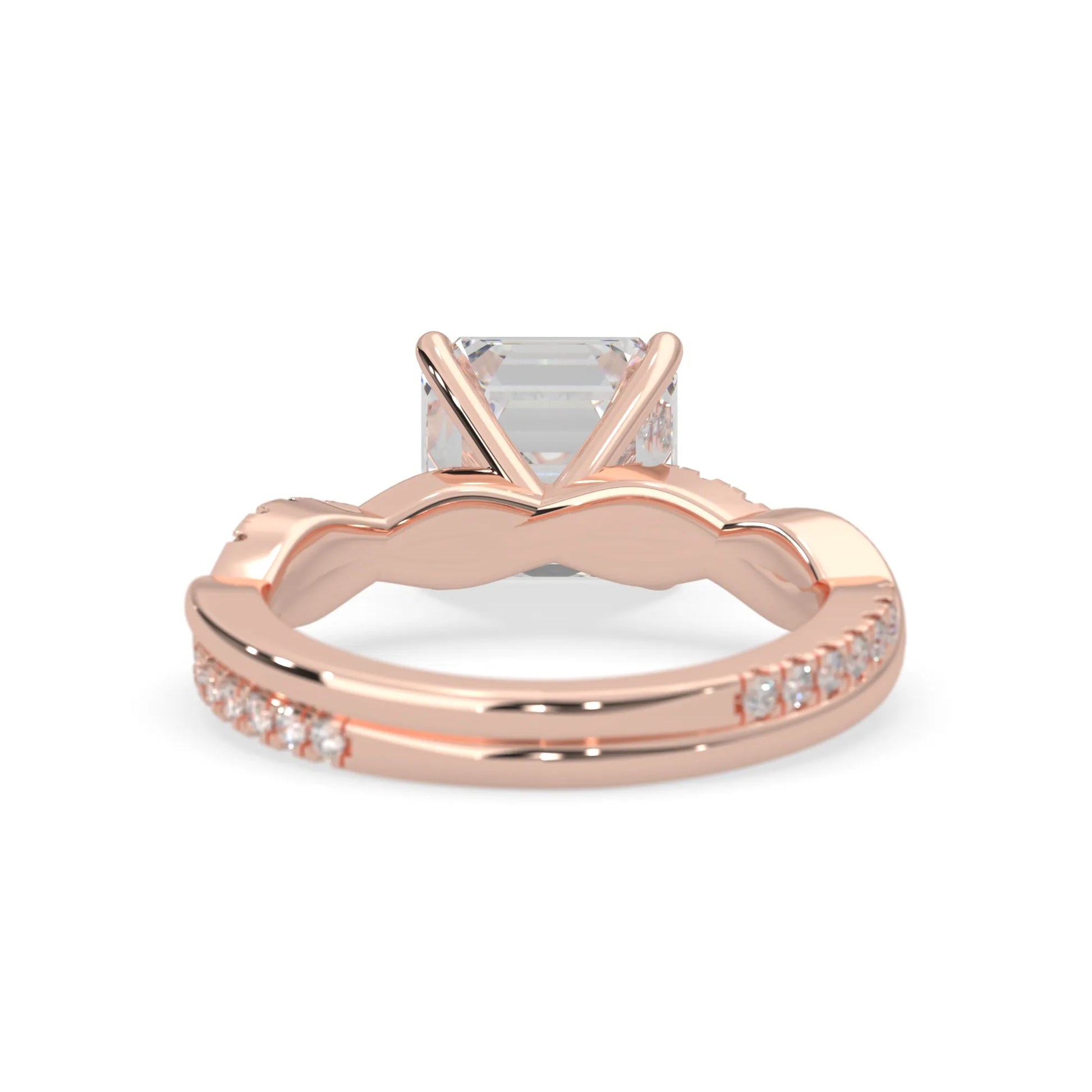 Asscher brilliant lab grown diamond engagement ring with prong setting and twisted pavé diamond band in rose gold tone