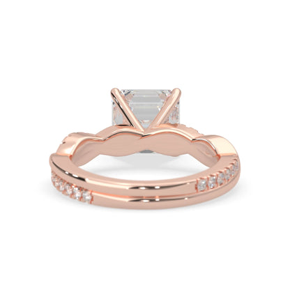 Asscher brilliant lab grown diamond engagement ring with prong setting and twisted pavé diamond band in rose gold tone
