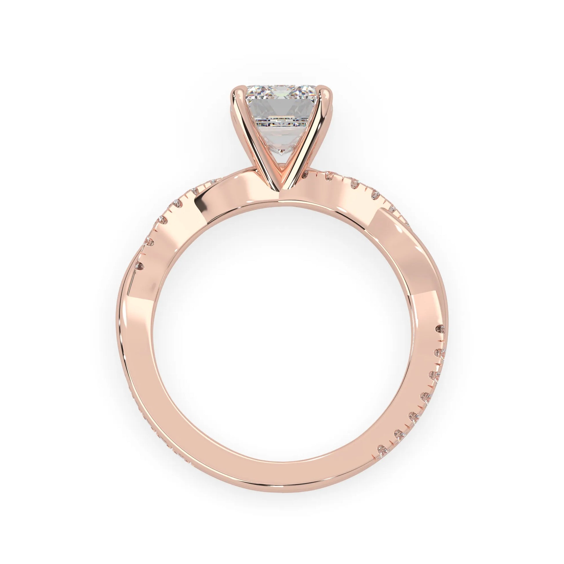Emerald brilliant lab grown diamond engagement ring with prong setting and twisted pavé diamond band in rose gold tone