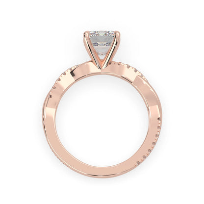 Emerald brilliant lab grown diamond engagement ring with prong setting and twisted pavé diamond band in rose gold tone