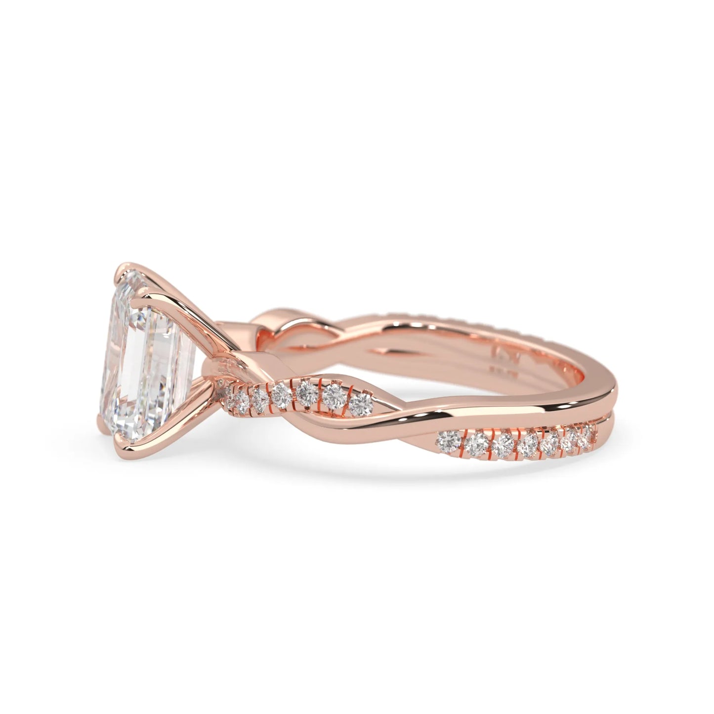 Emerald brilliant lab grown diamond engagement ring with prong setting and twisted pavé diamond band in rose gold tone
