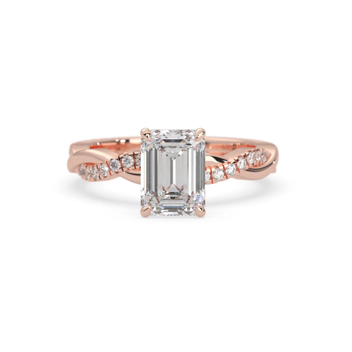 Emerald brilliant lab grown diamond engagement ring with prong setting and twisted pavé diamond band in rose gold tone
