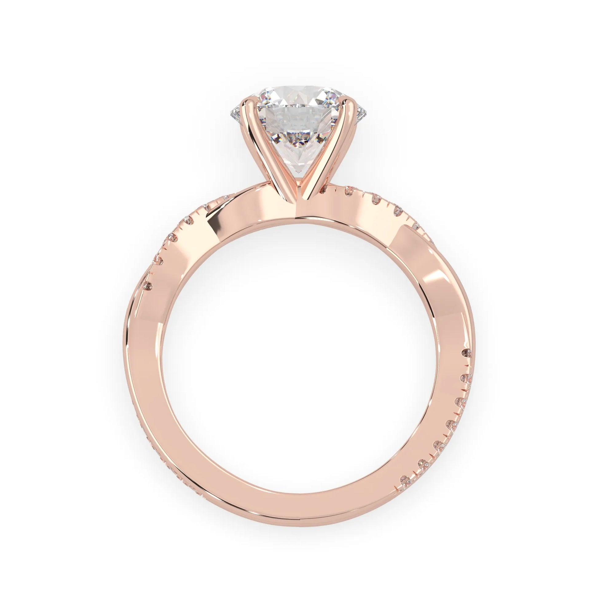 Round brilliant lab grown diamond engagement ring with prong setting and twisted pavé diamond band in rose gold tone