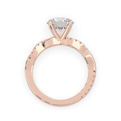 Round brilliant lab grown diamond engagement ring with prong setting and twisted pavé diamond band in rose gold tone