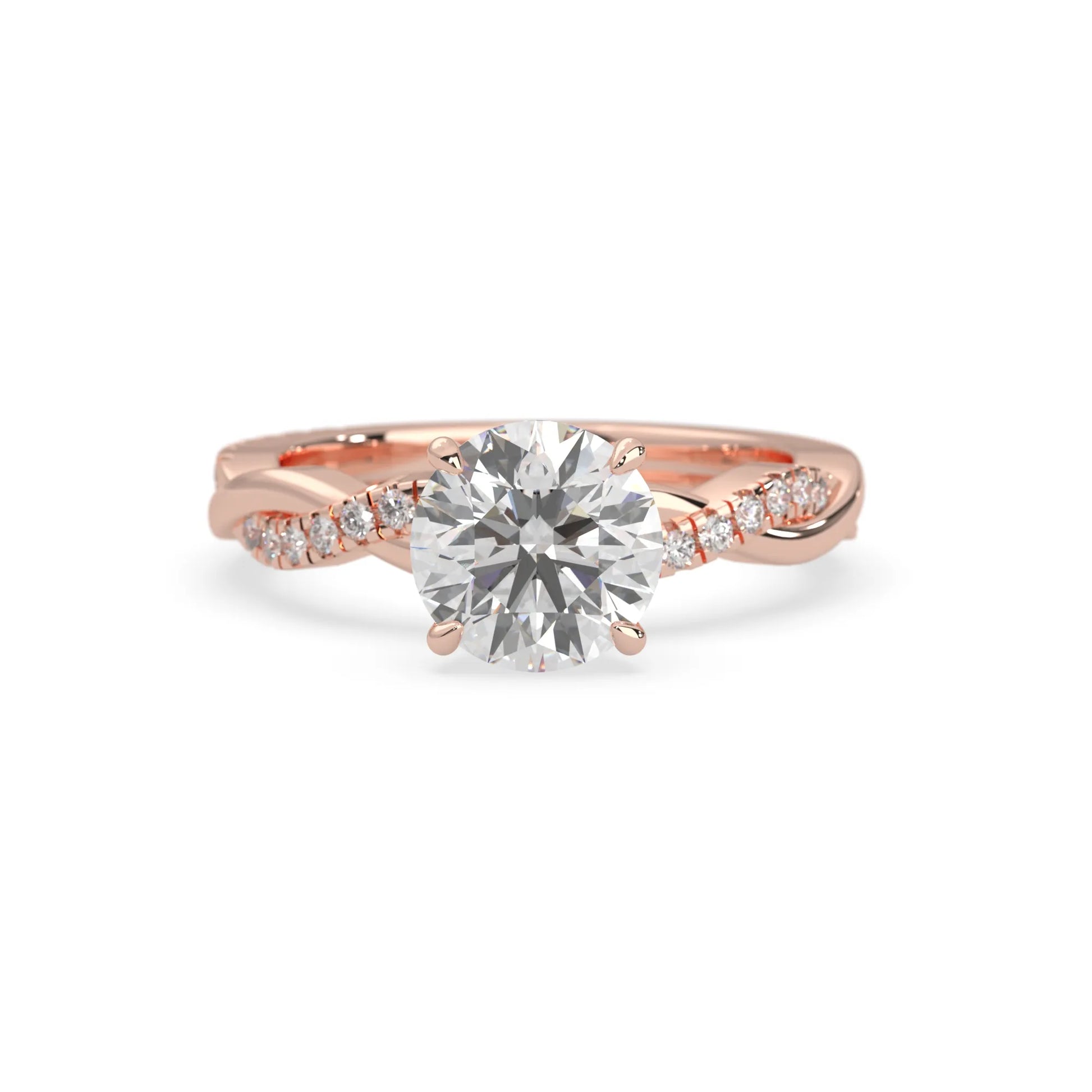 Round brilliant lab grown diamond engagement ring with prong setting and twisted pavé diamond band in rose gold tone