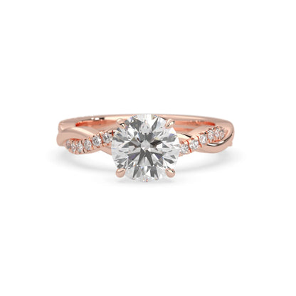 Round brilliant lab grown diamond engagement ring with prong setting and twisted pavé diamond band in rose gold tone