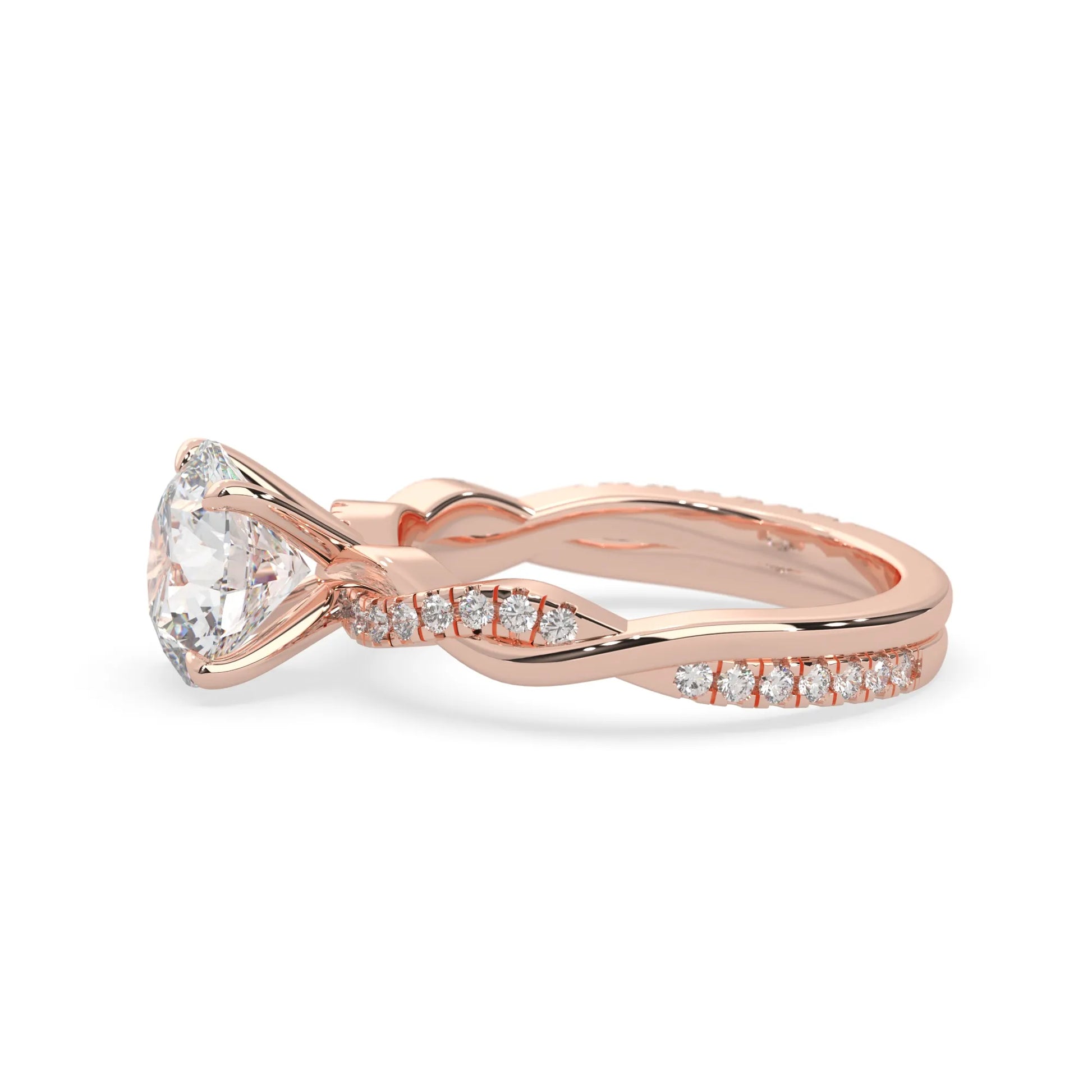 Round brilliant lab grown diamond engagement ring with prong setting and twisted pavé diamond band in rose gold tone