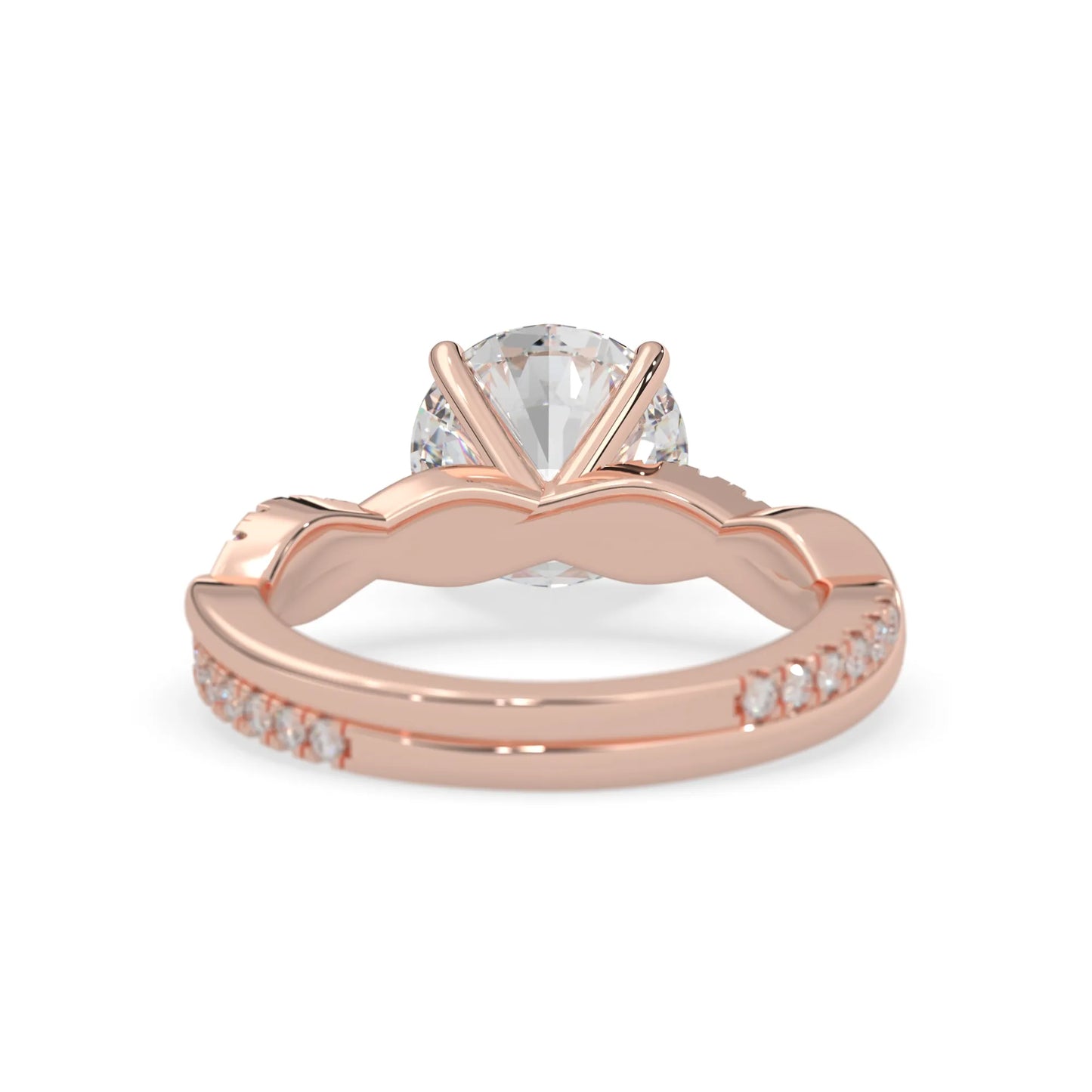 Round brilliant lab grown diamond engagement ring with prong setting and twisted pavé diamond band in rose gold tone