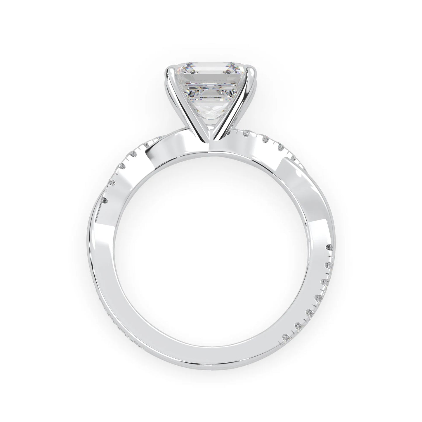 Asscher brilliant lab grown diamond engagement ring with prong setting and twisted pavé diamond band in white gold tone