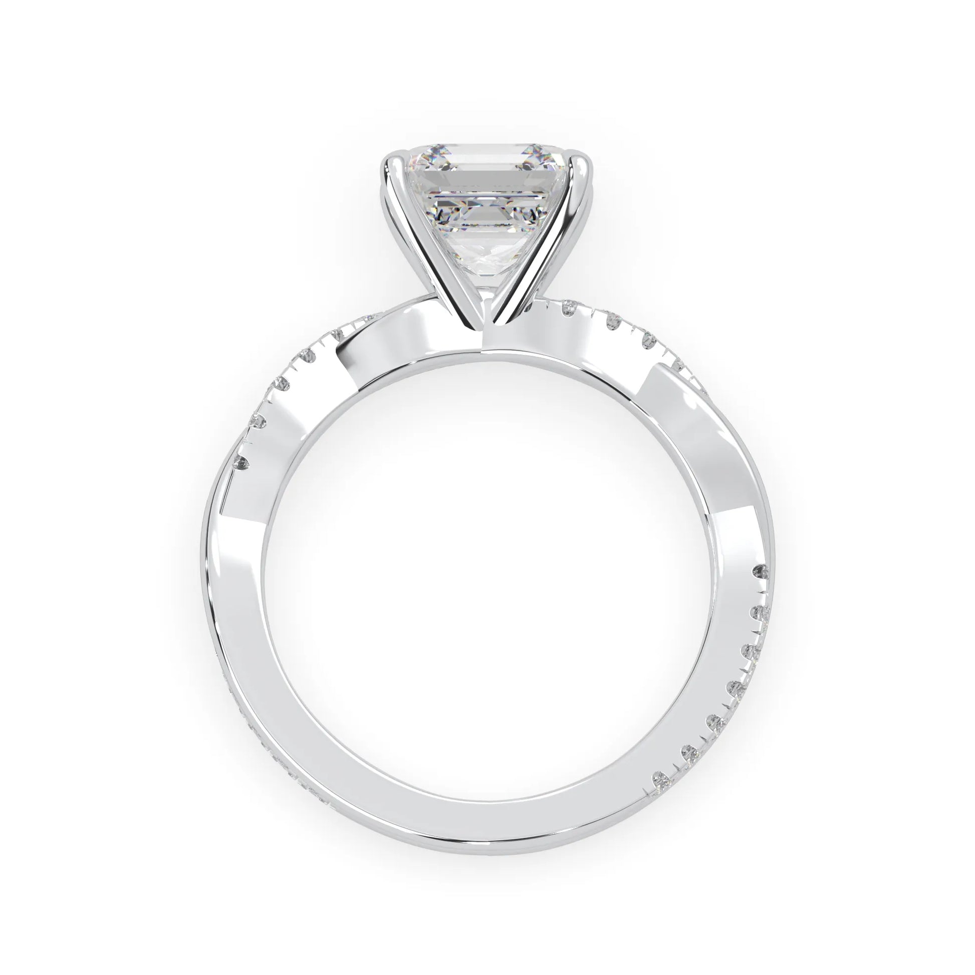 Asscher brilliant lab grown diamond engagement ring with prong setting and twisted pavé diamond band in white gold tone