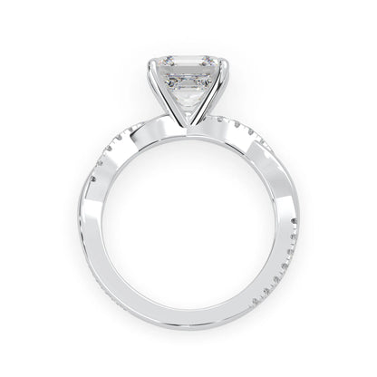 Asscher brilliant lab grown diamond engagement ring with prong setting and twisted pavé diamond band in white gold tone
