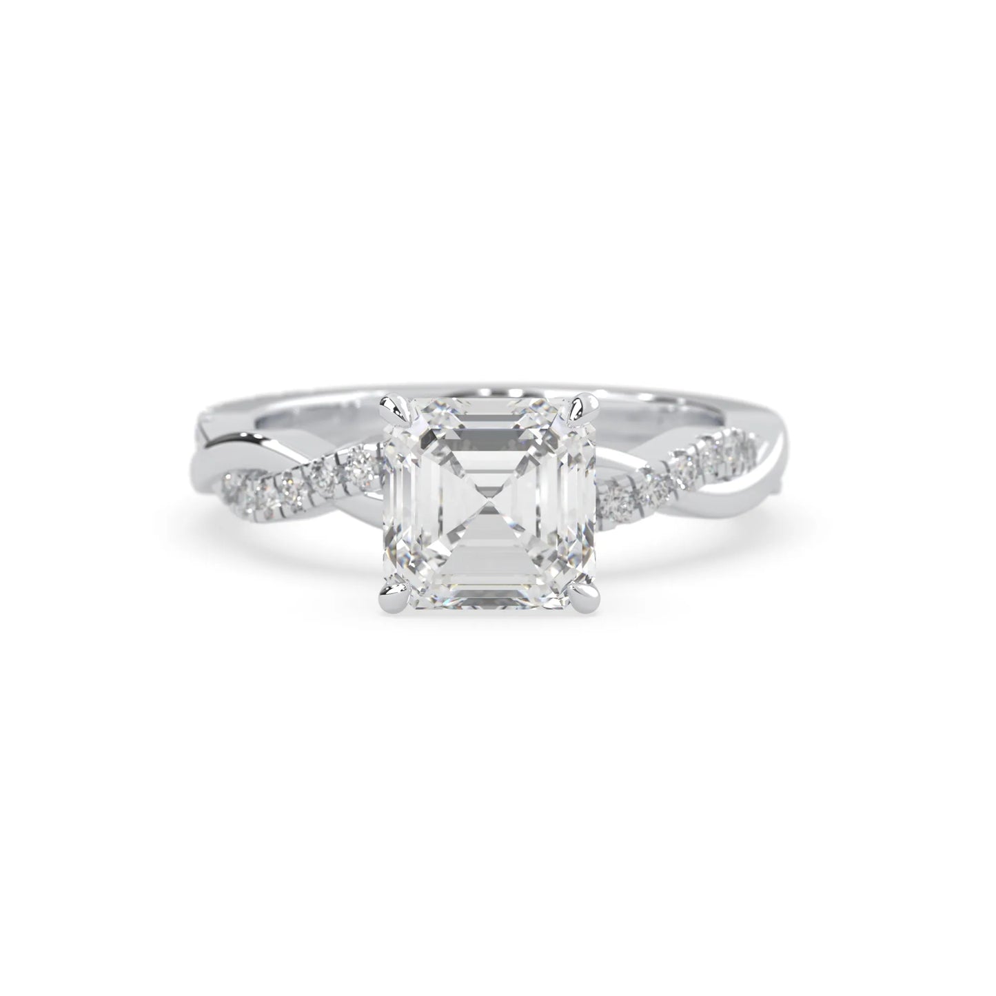 Asscher brilliant lab grown diamond engagement ring with prong setting and twisted pavé diamond band in white gold tone