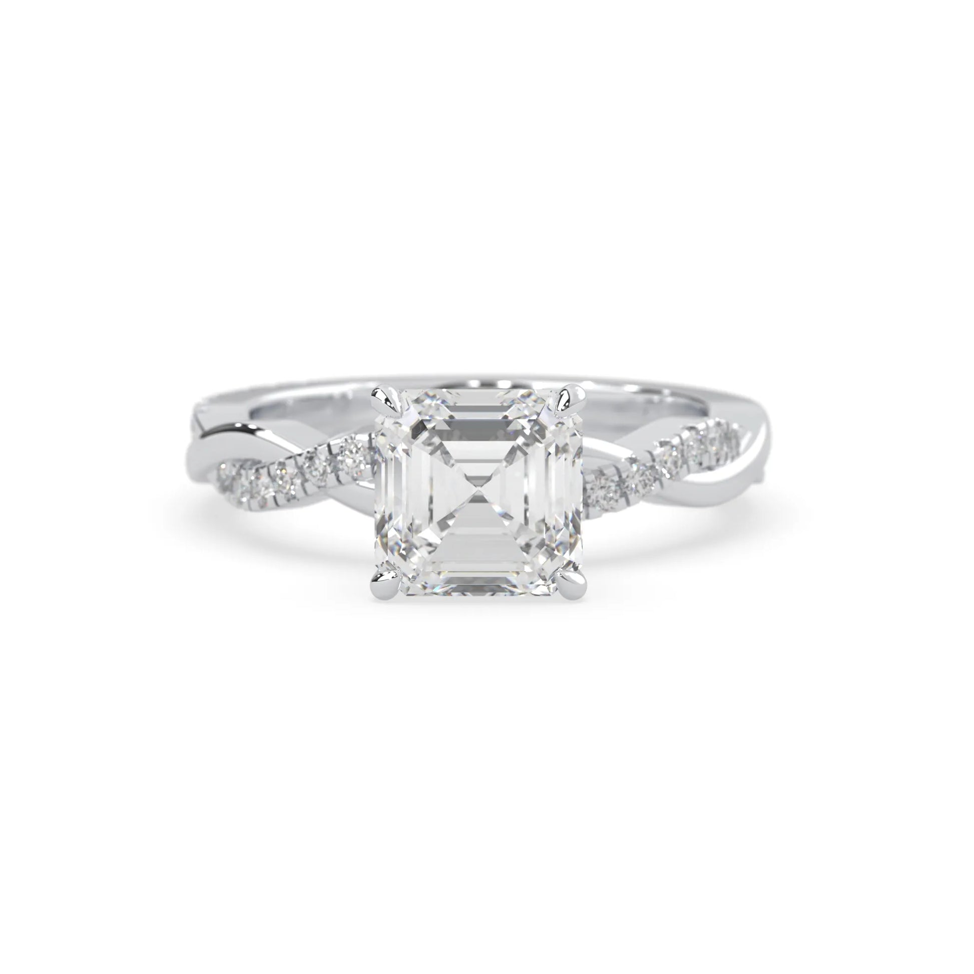 Asscher brilliant lab grown diamond engagement ring with prong setting and twisted pavé diamond band in white gold tone