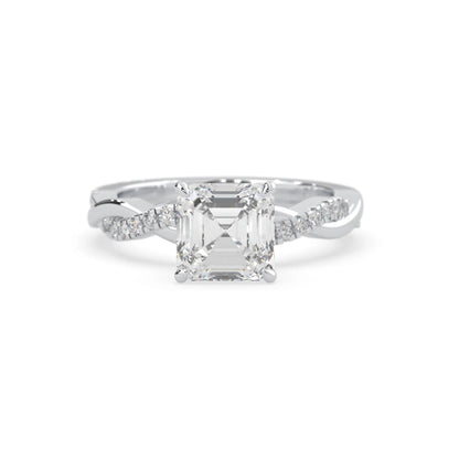 Asscher brilliant lab grown diamond engagement ring with prong setting and twisted pavé diamond band in white gold tone