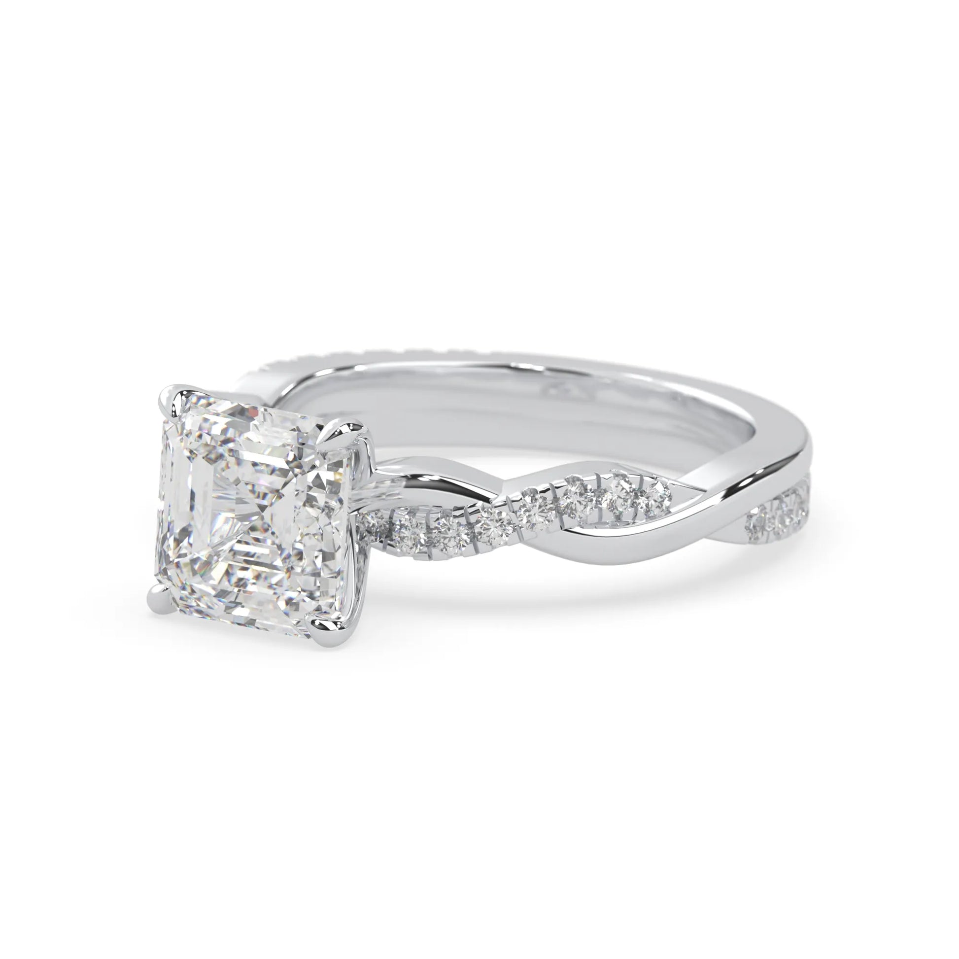 Asscher brilliant lab grown diamond engagement ring with prong setting and twisted pavé diamond band in white gold tone