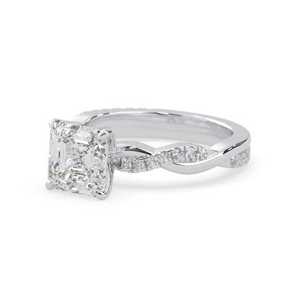 Asscher brilliant lab grown diamond engagement ring with prong setting and twisted pavé diamond band in white gold tone