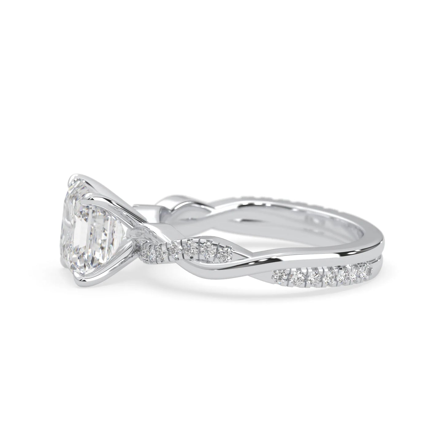 Asscher brilliant lab grown diamond engagement ring with prong setting and twisted pavé diamond band in white gold tone