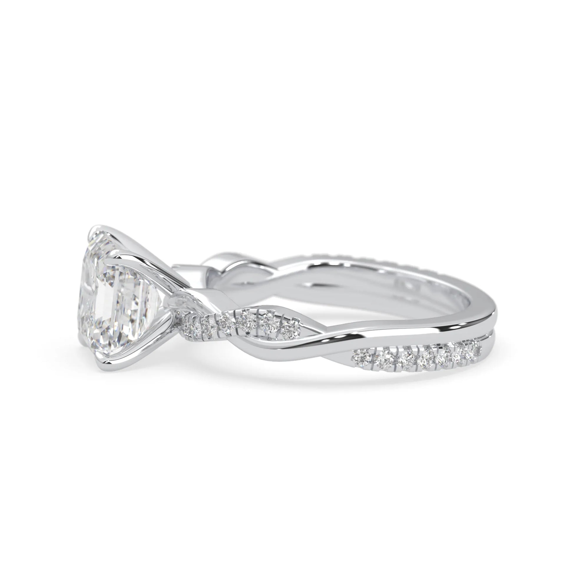 Asscher brilliant lab grown diamond engagement ring with prong setting and twisted pavé diamond band in white gold tone