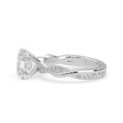 Asscher brilliant lab grown diamond engagement ring with prong setting and twisted pavé diamond band in white gold tone