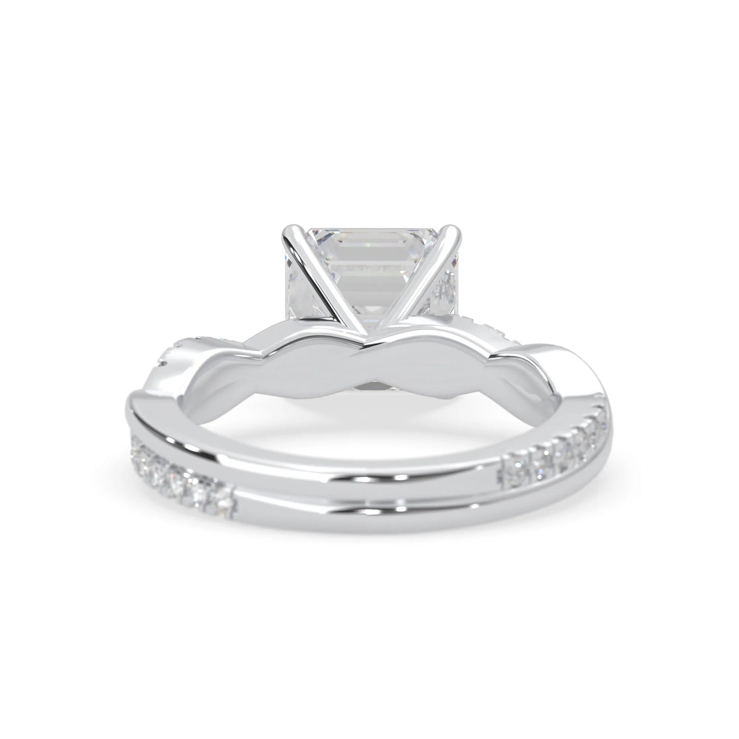 Asscher brilliant lab grown diamond engagement ring with prong setting and twisted pavé diamond band in white gold tone