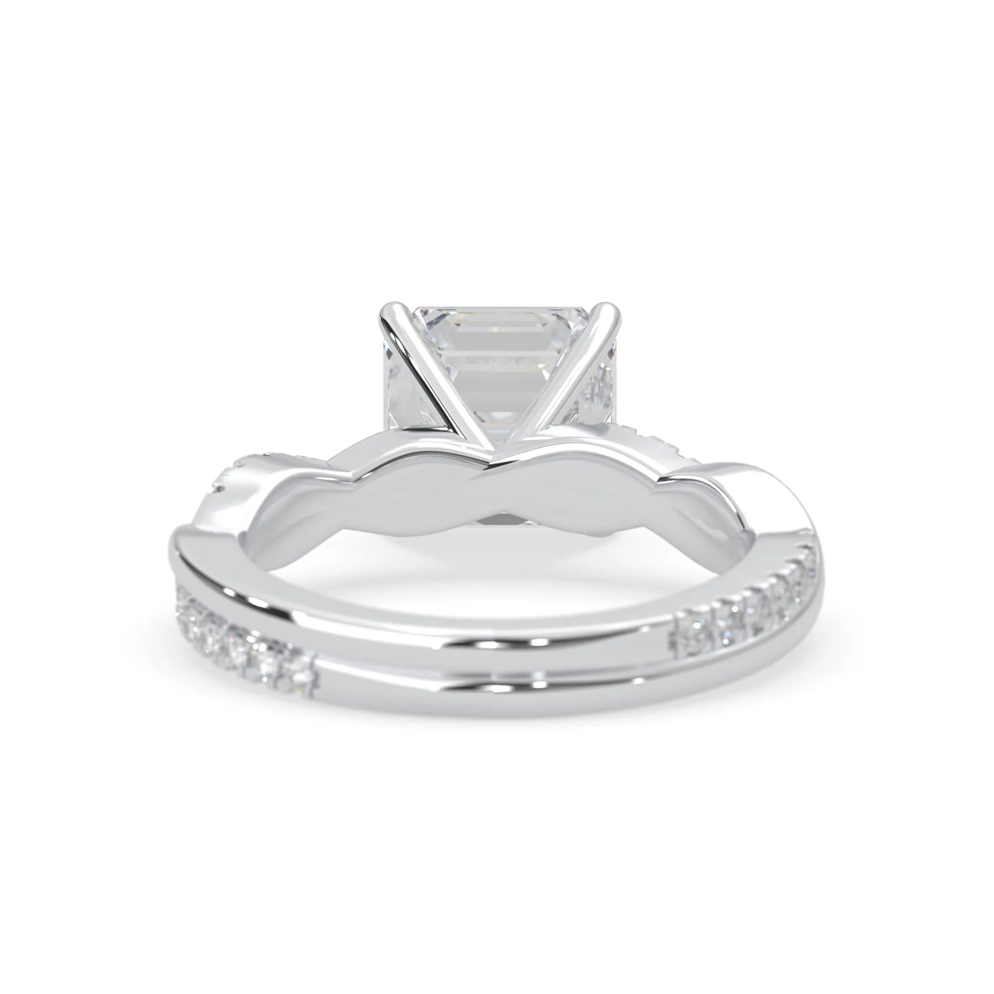 Asscher brilliant lab grown diamond engagement ring with prong setting and twisted pavé diamond band in white gold tone