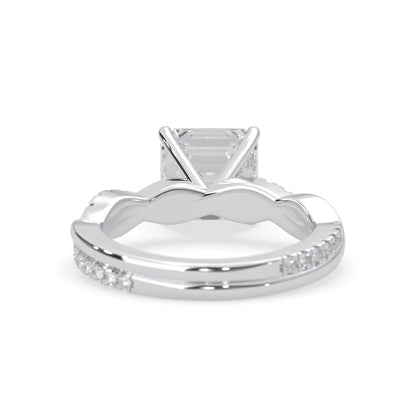 Asscher brilliant lab grown diamond engagement ring with prong setting and twisted pavé diamond band in white gold tone