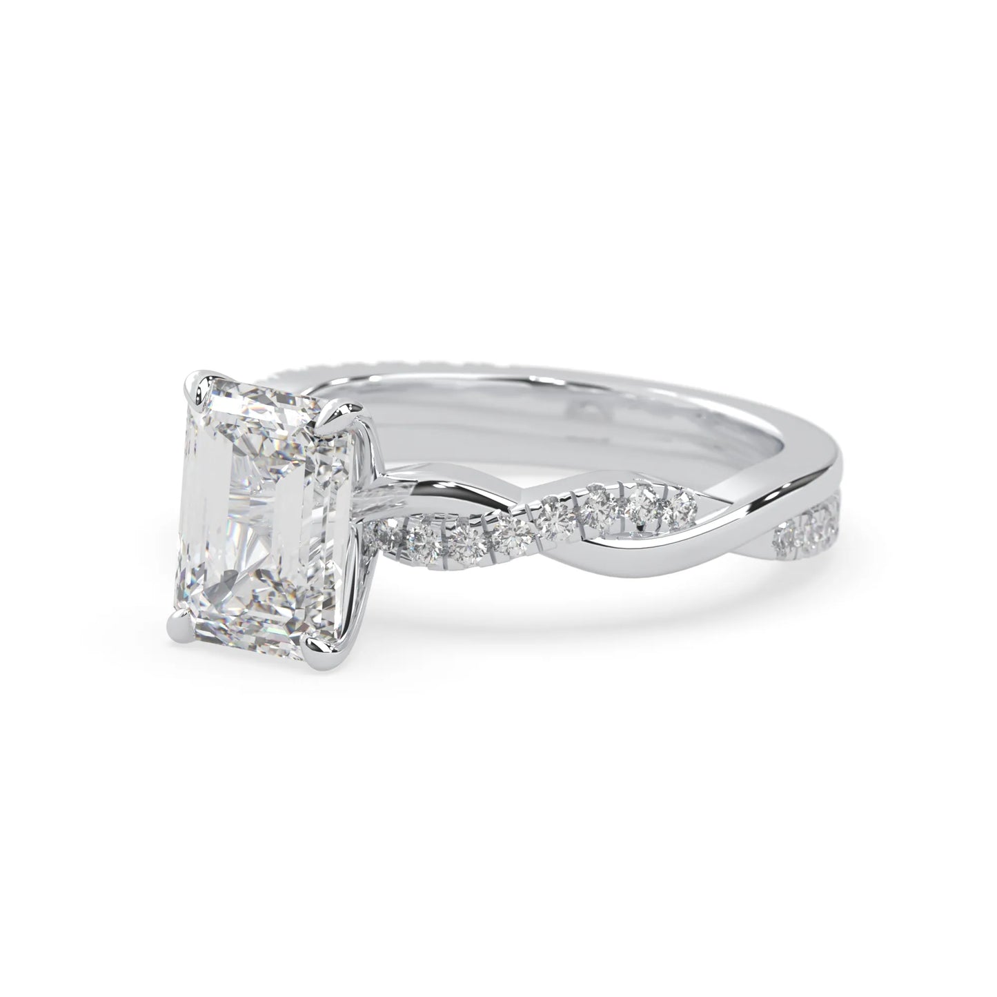 Emerald brilliant lab grown diamond engagement ring with prong setting and twisted pavé diamond band in white gold tone