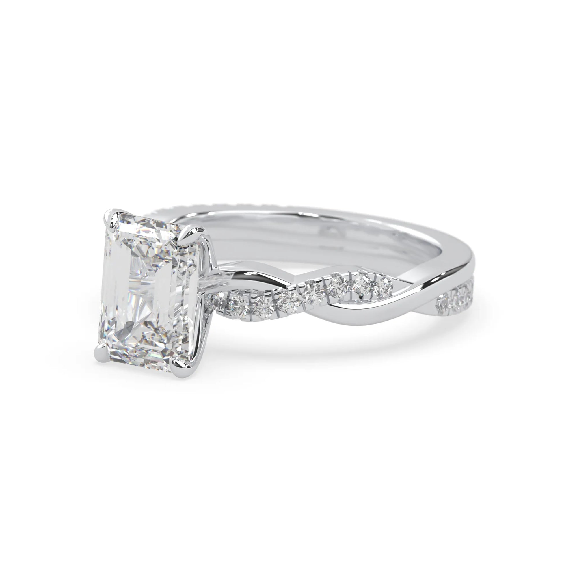 Emerald brilliant lab grown diamond engagement ring with prong setting and twisted pavé diamond band in white gold tone