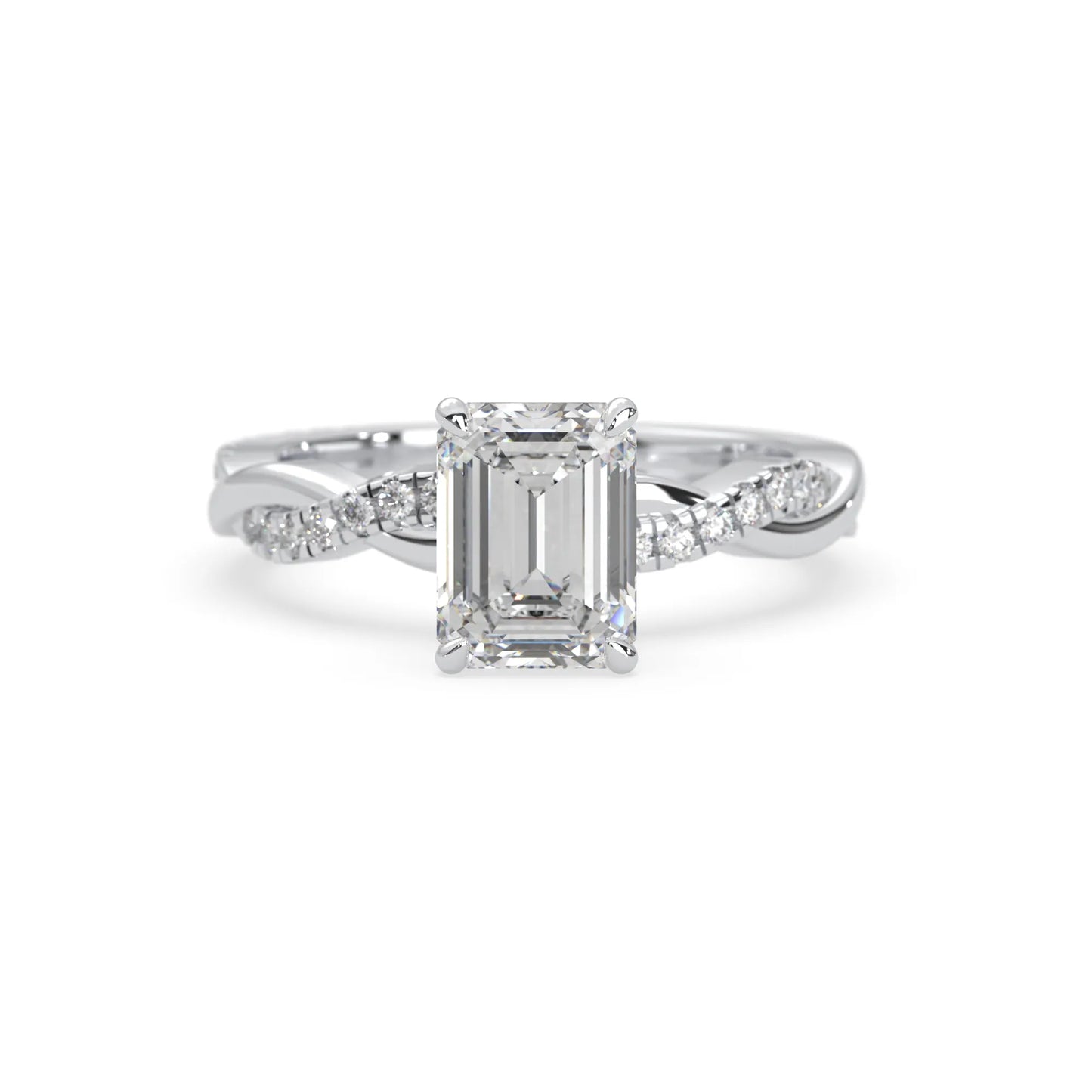 Emerald brilliant lab grown diamond engagement ring with prong setting and twisted pavé diamond band in white gold tone