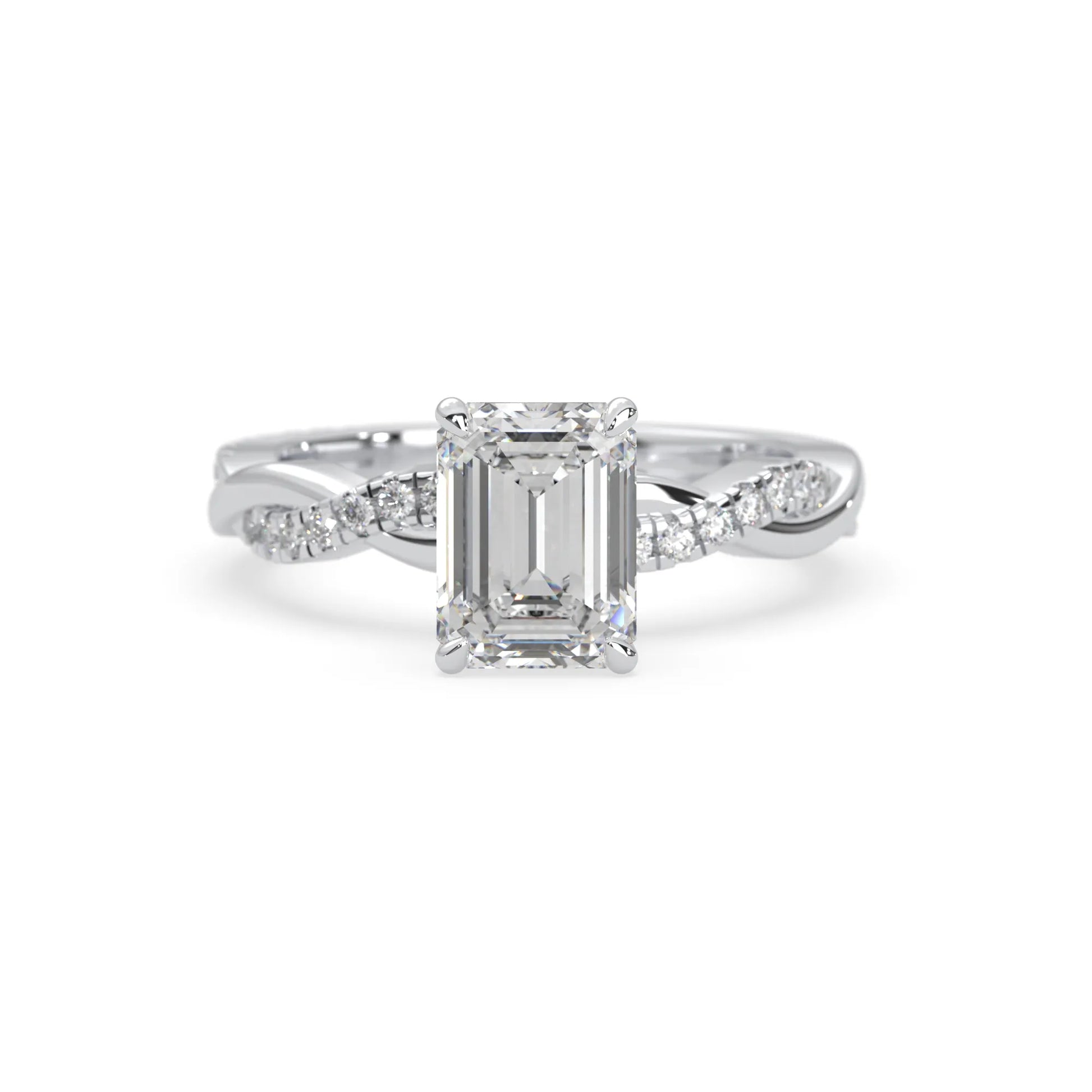 Emerald brilliant lab grown diamond engagement ring with prong setting and twisted pavé diamond band in white gold tone