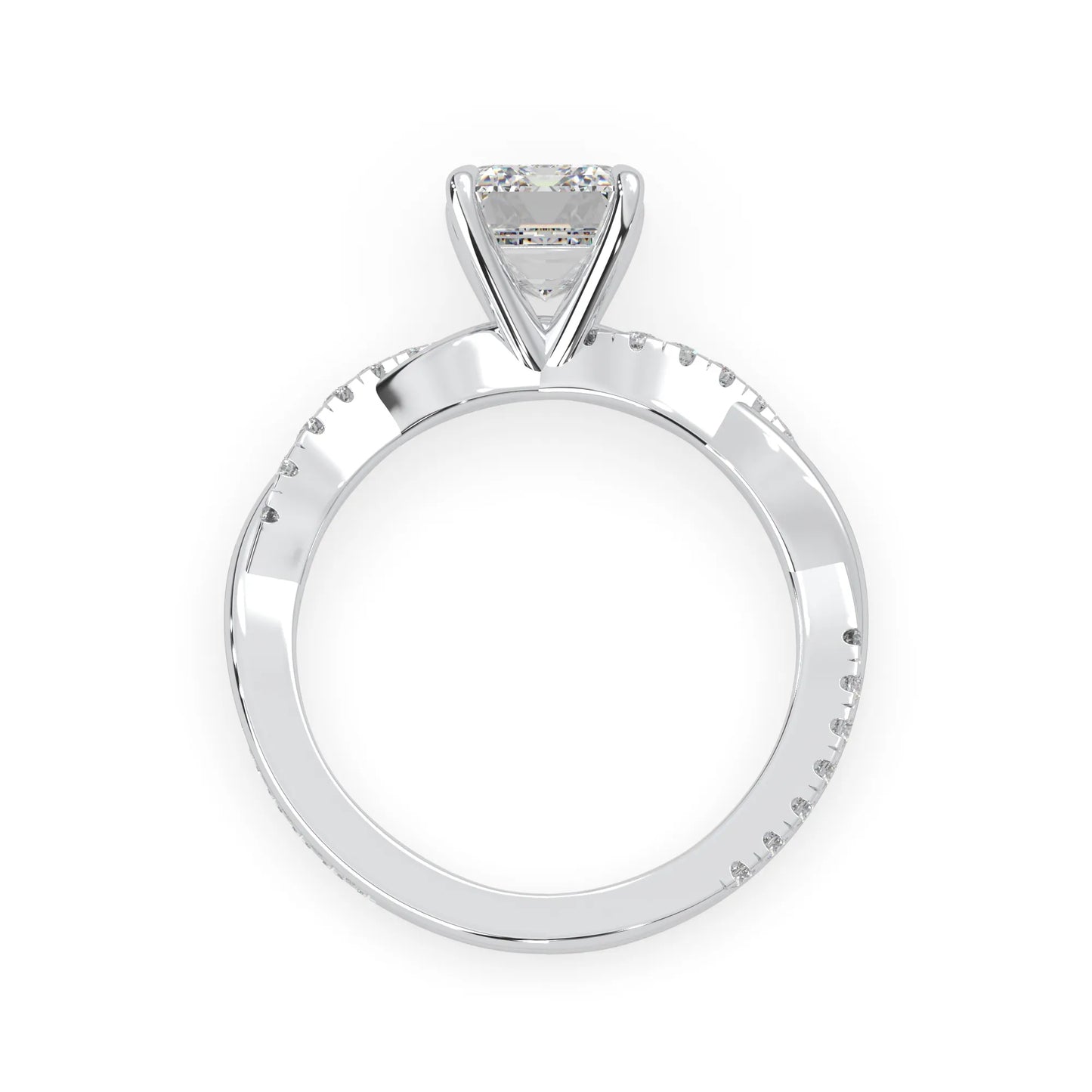 Emerald brilliant lab grown diamond engagement ring with prong setting and twisted pavé diamond band in white gold tone