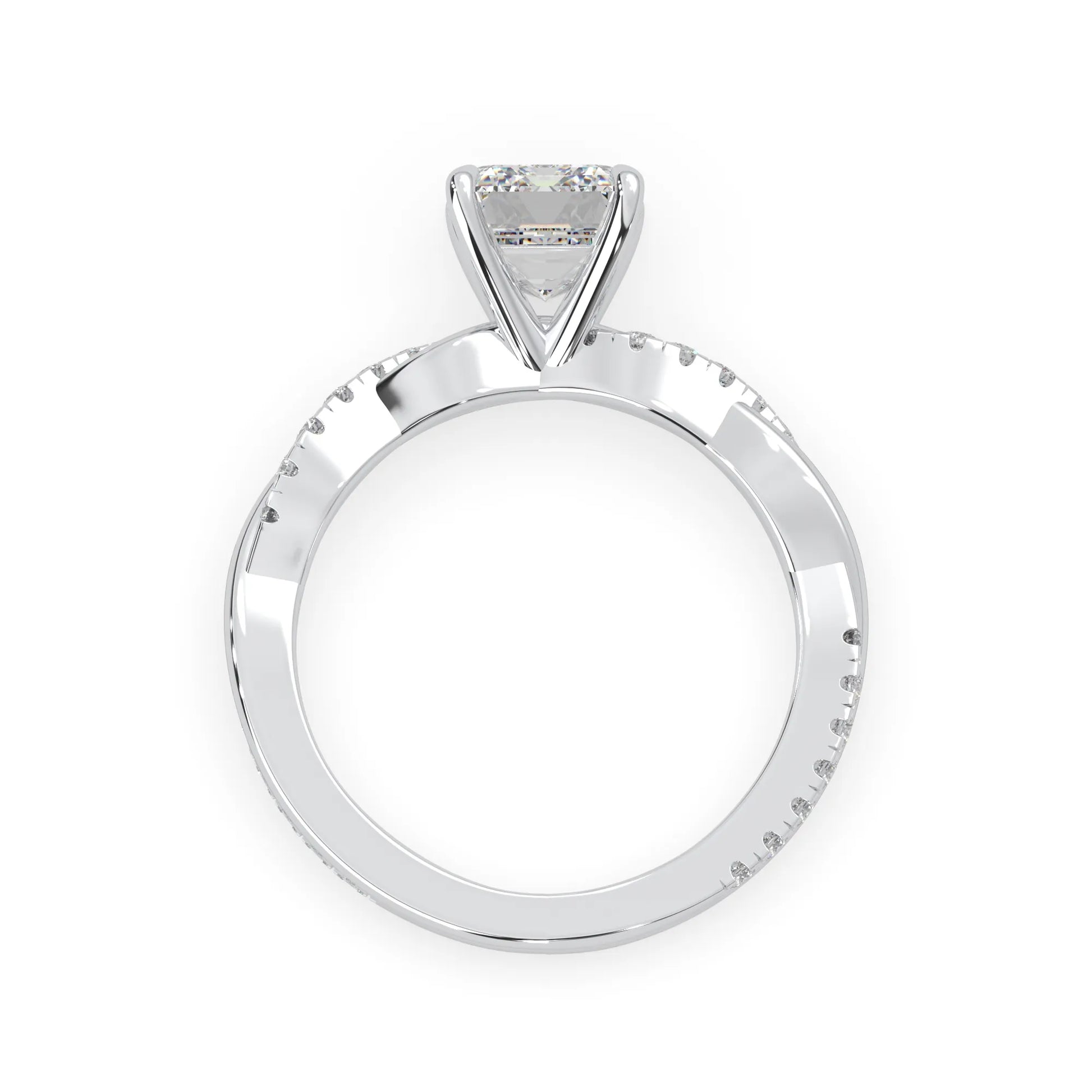 Emerald brilliant lab grown diamond engagement ring with prong setting and twisted pavé diamond band in white gold tone