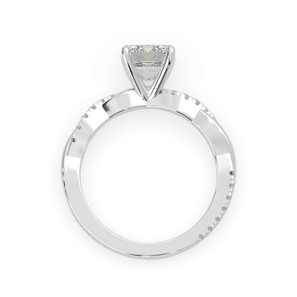 Emerald brilliant lab grown diamond engagement ring with prong setting and twisted pavé diamond band in white gold tone