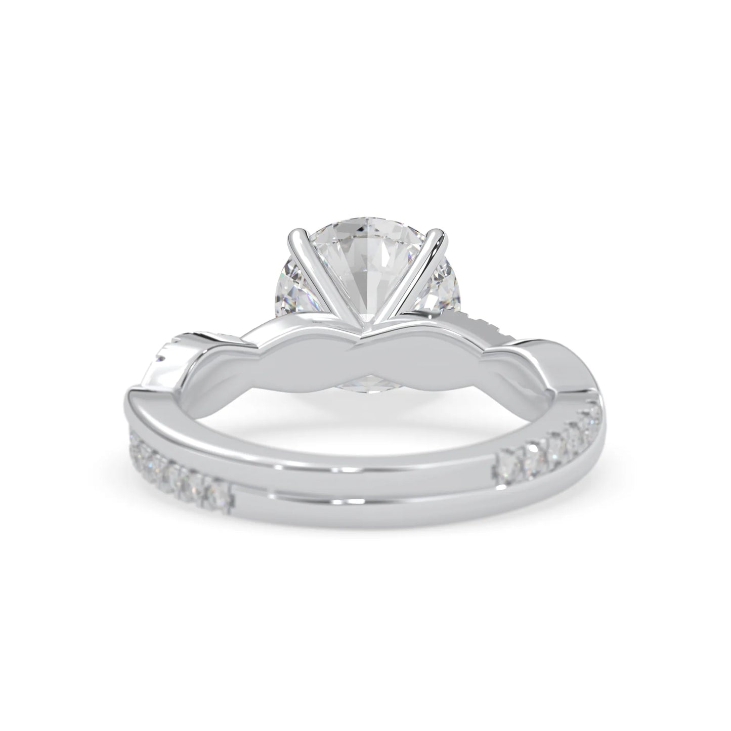 Round brilliant lab grown diamond engagement ring with prong setting and twisted pavé diamond band in white gold tone