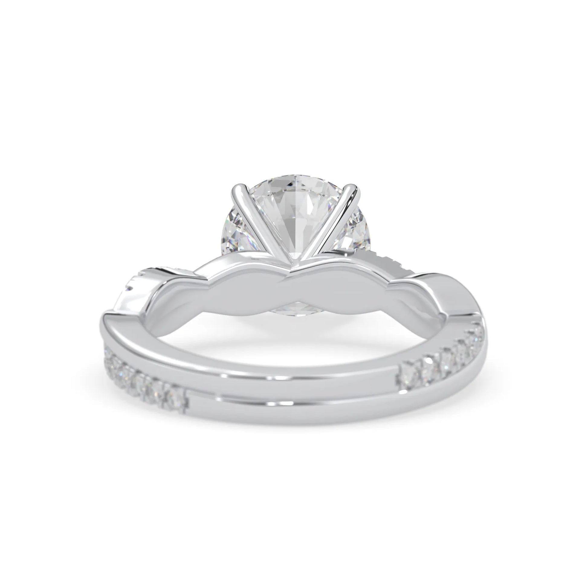 Round brilliant lab grown diamond engagement ring with prong setting and twisted pavé diamond band in white gold tone