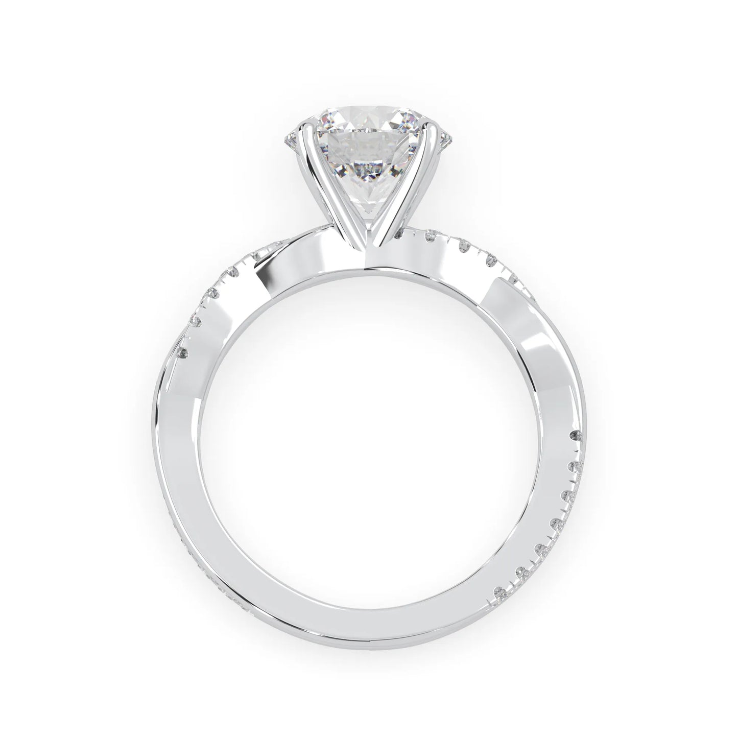Round brilliant lab grown diamond engagement ring with prong setting and twisted pavé diamond band in white gold tone
