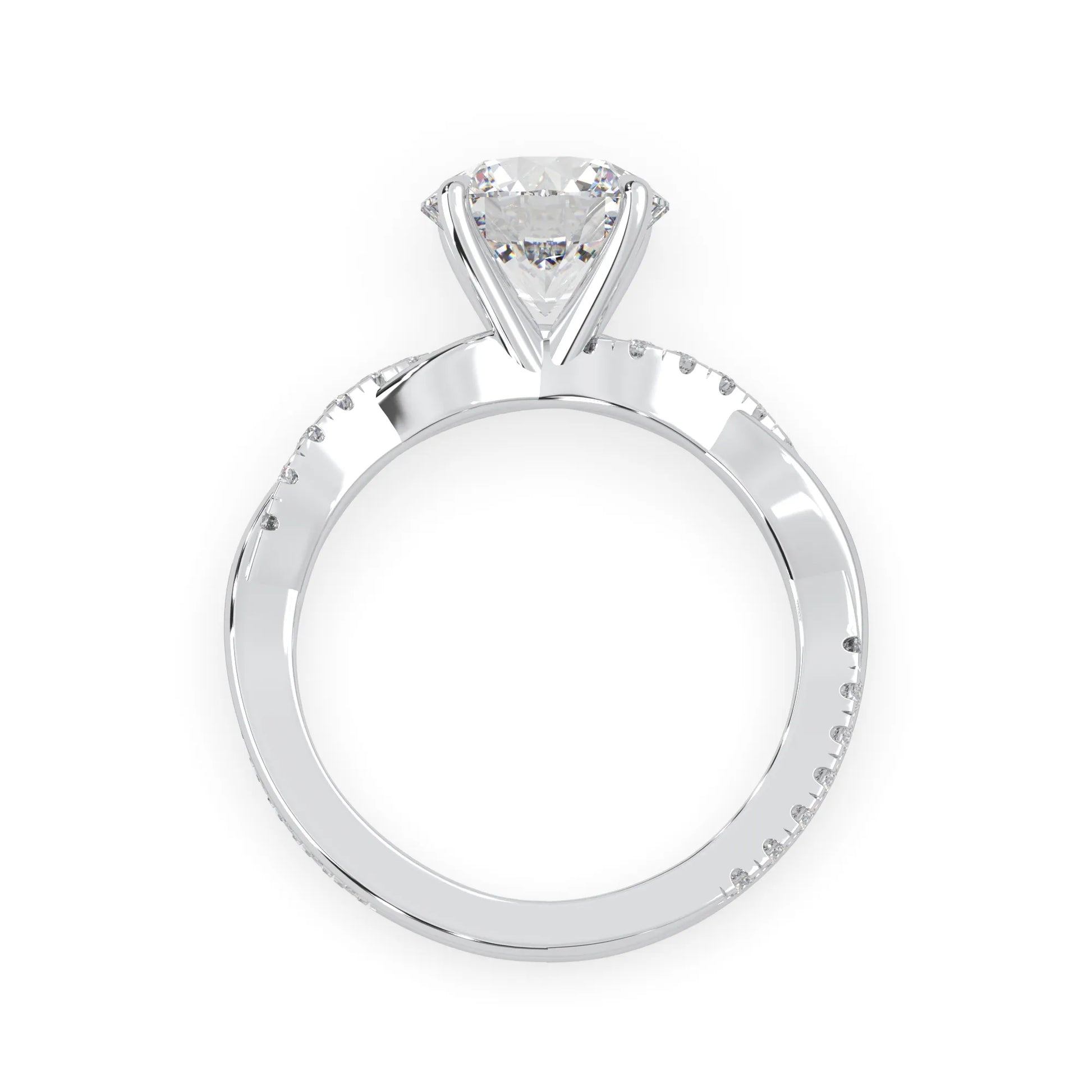 Round brilliant lab grown diamond engagement ring with prong setting and twisted pavé diamond band in white gold tone