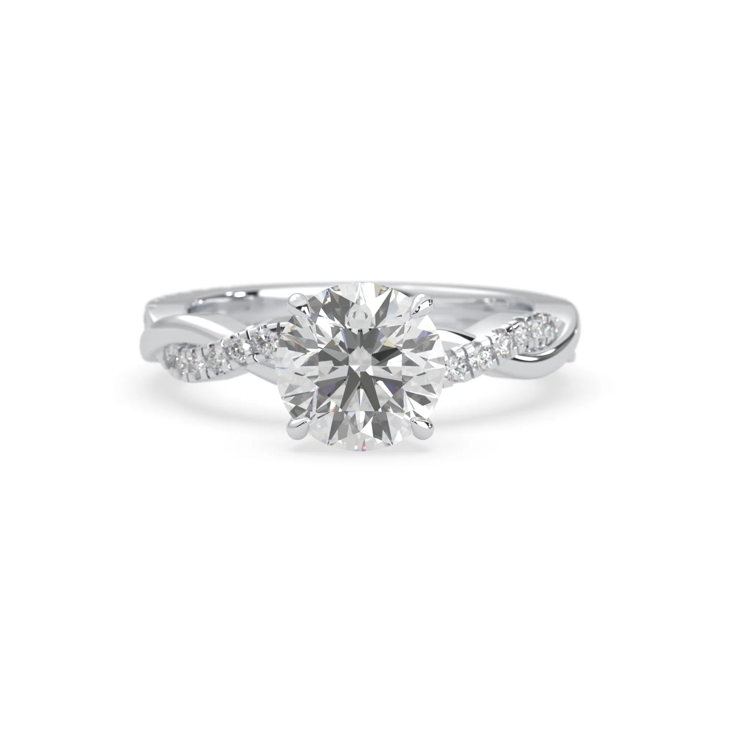 Round brilliant lab grown diamond engagement ring with prong setting and twisted pavé diamond band in white gold tone