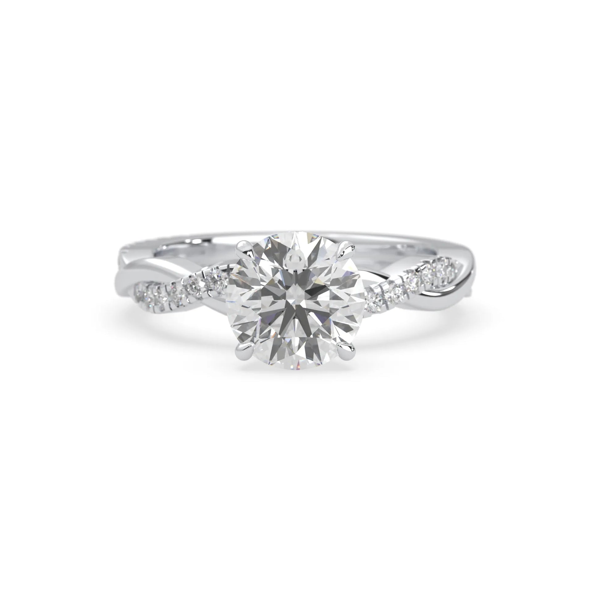 Round brilliant lab grown diamond engagement ring with prong setting and twisted pavé diamond band in white gold tone