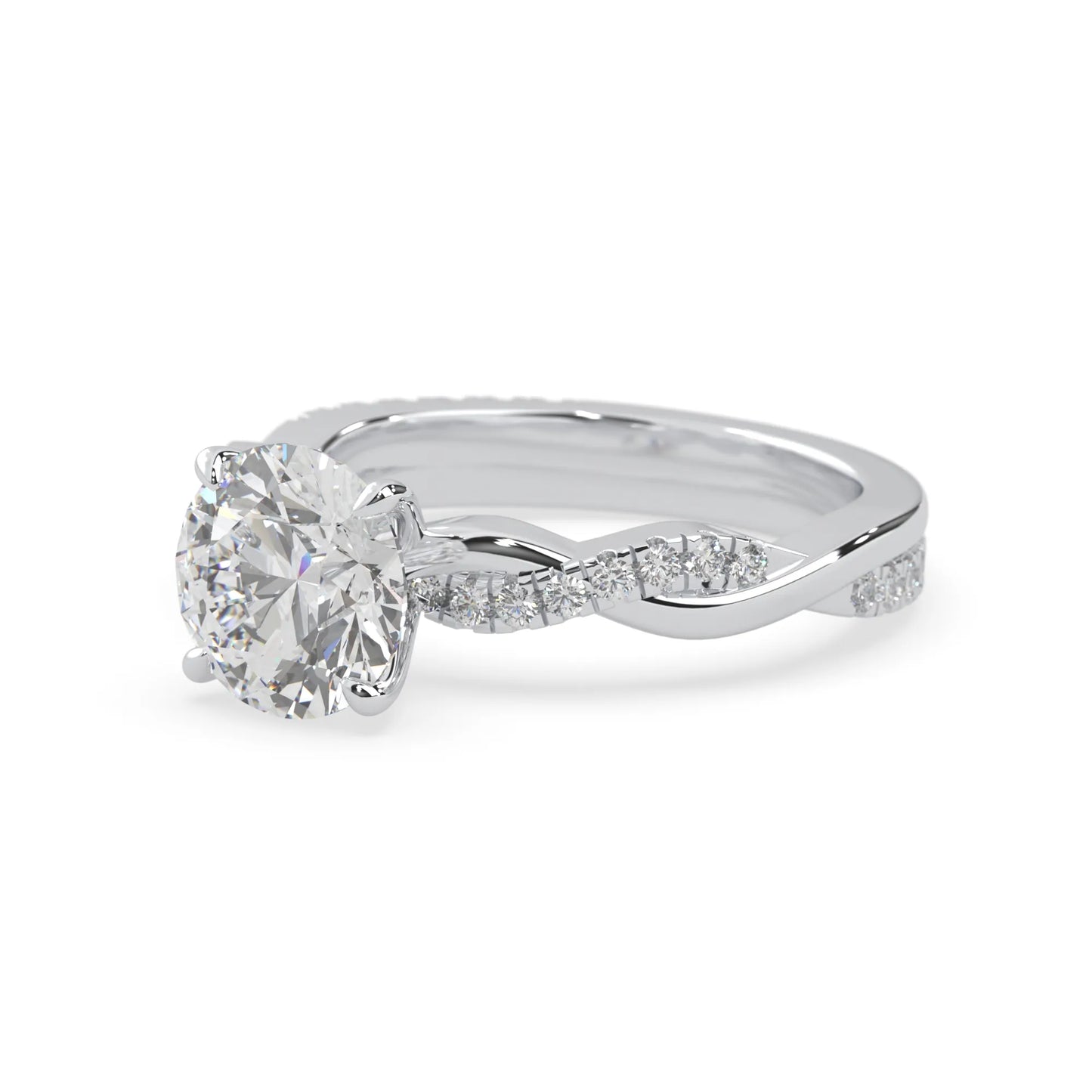Round brilliant lab grown diamond engagement ring with prong setting and twisted pavé diamond band in white gold tone