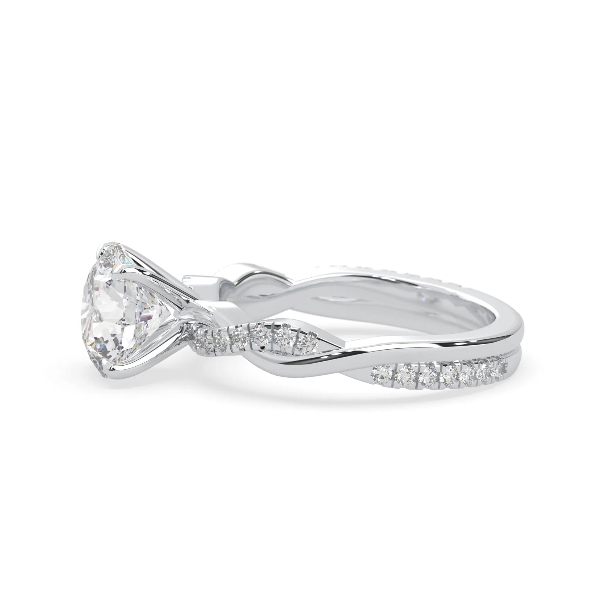 Round brilliant lab grown diamond engagement ring with prong setting and twisted pavé diamond band in white gold tone