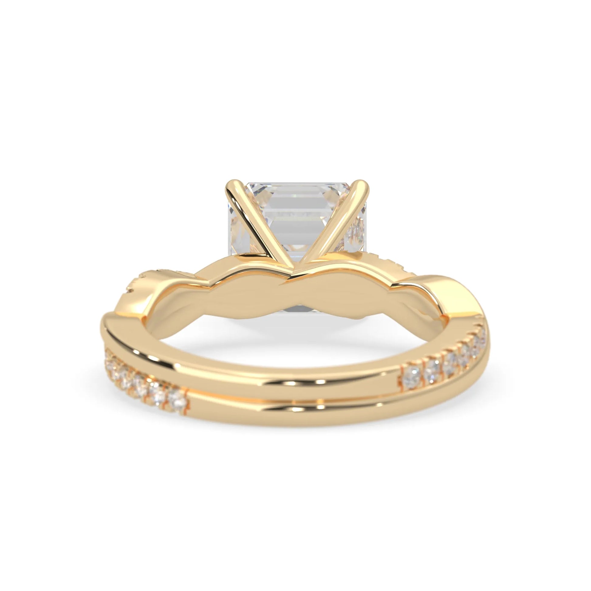 Asscher brilliant lab grown diamond engagement ring with prong setting and twisted pavé diamond band in yellow gold tone