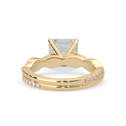 Asscher brilliant lab grown diamond engagement ring with prong setting and twisted pavé diamond band in yellow gold tone