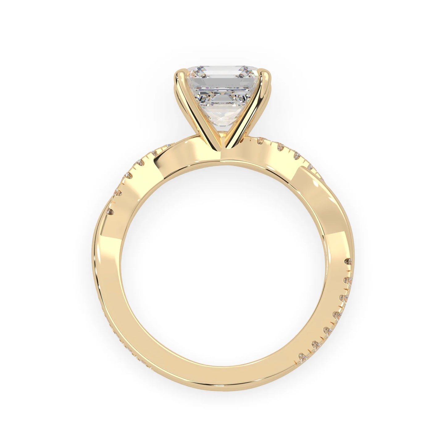 Asscher brilliant lab grown diamond engagement ring with prong setting and twisted pavé diamond band in yellow gold tone